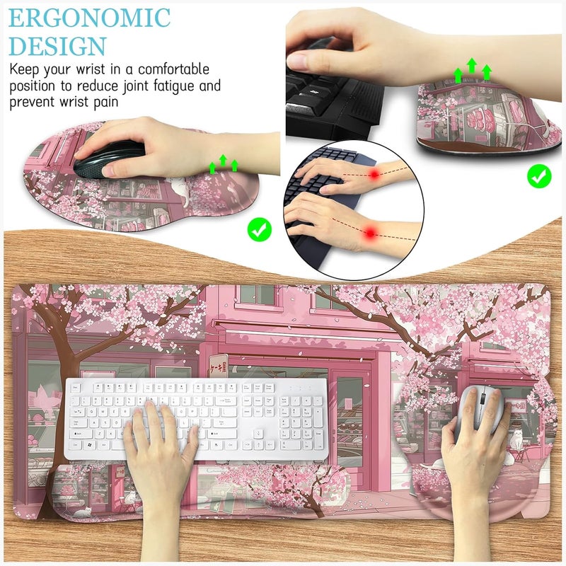 LIMKRIAN Anime Cat Mouse Pad Set, XXL Gaming Mouse Pad with Wrist Rest, Keyboard Mat, Cat Coaster, Cute Office Desk Decor Accessories, Pink Lycra - Image 5